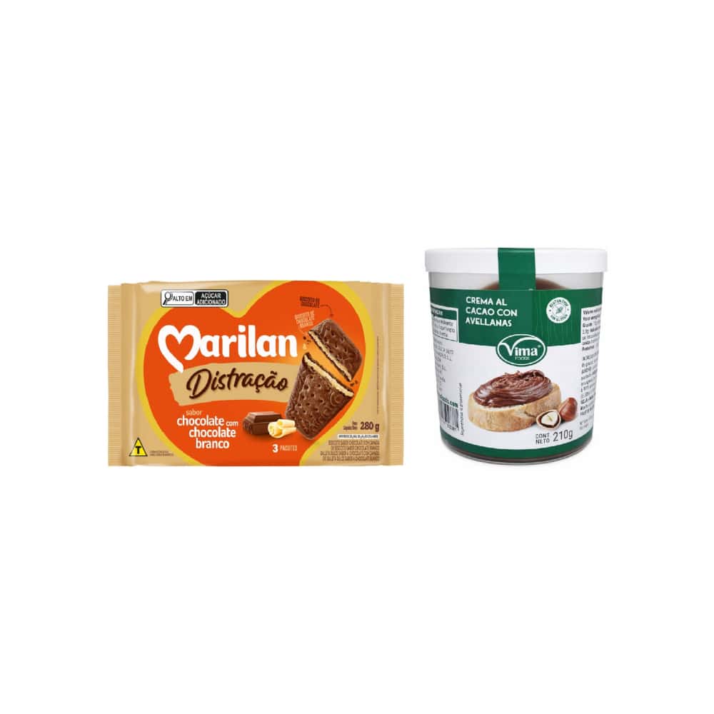Crema de cacao con avellanas Vima Foods (210 g / 7.41 oz) + Galleta triple capa sabor chocolate con chocolate blanco Distracao Marilan (280 g / 9.88 oz) - Miniatura 1