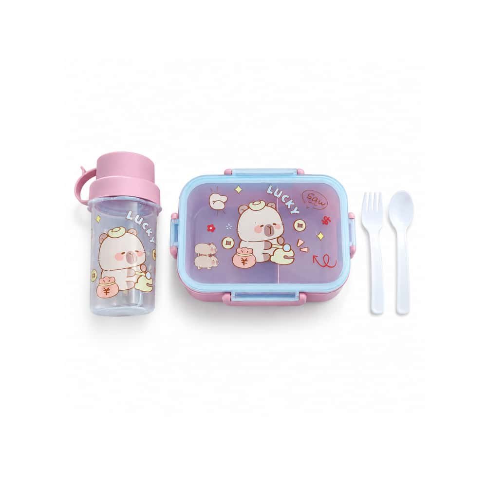 Lonchera Infantil con diseño de oso con botella y Cubiertos Lucky (1 U) - Miniatura 1