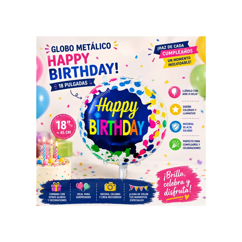 Globo Happy Birthday diseño con splash 18" Balloon - Miniatura 3