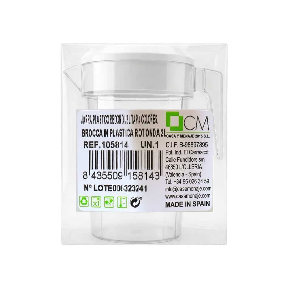 Jarra redonda de plástico con tapa de color blanco 2 L Casa y Menaje - Miniatura 2