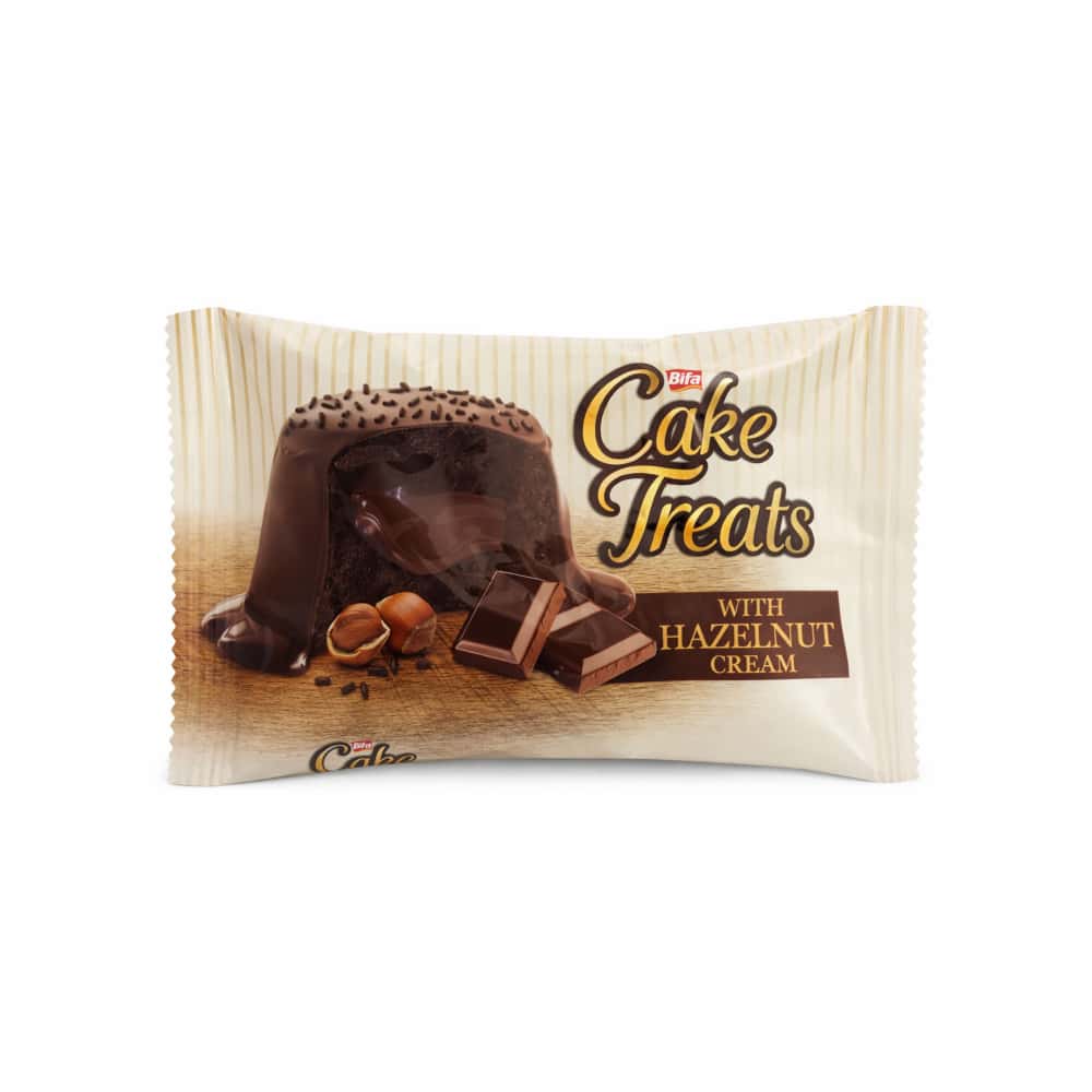 Pastel de chocolate con leche relleno de crema de avellanas y cobertura de gránulos de cacao Cake Treats Bifa (50 g / 1.76 oz) - Miniatura 1