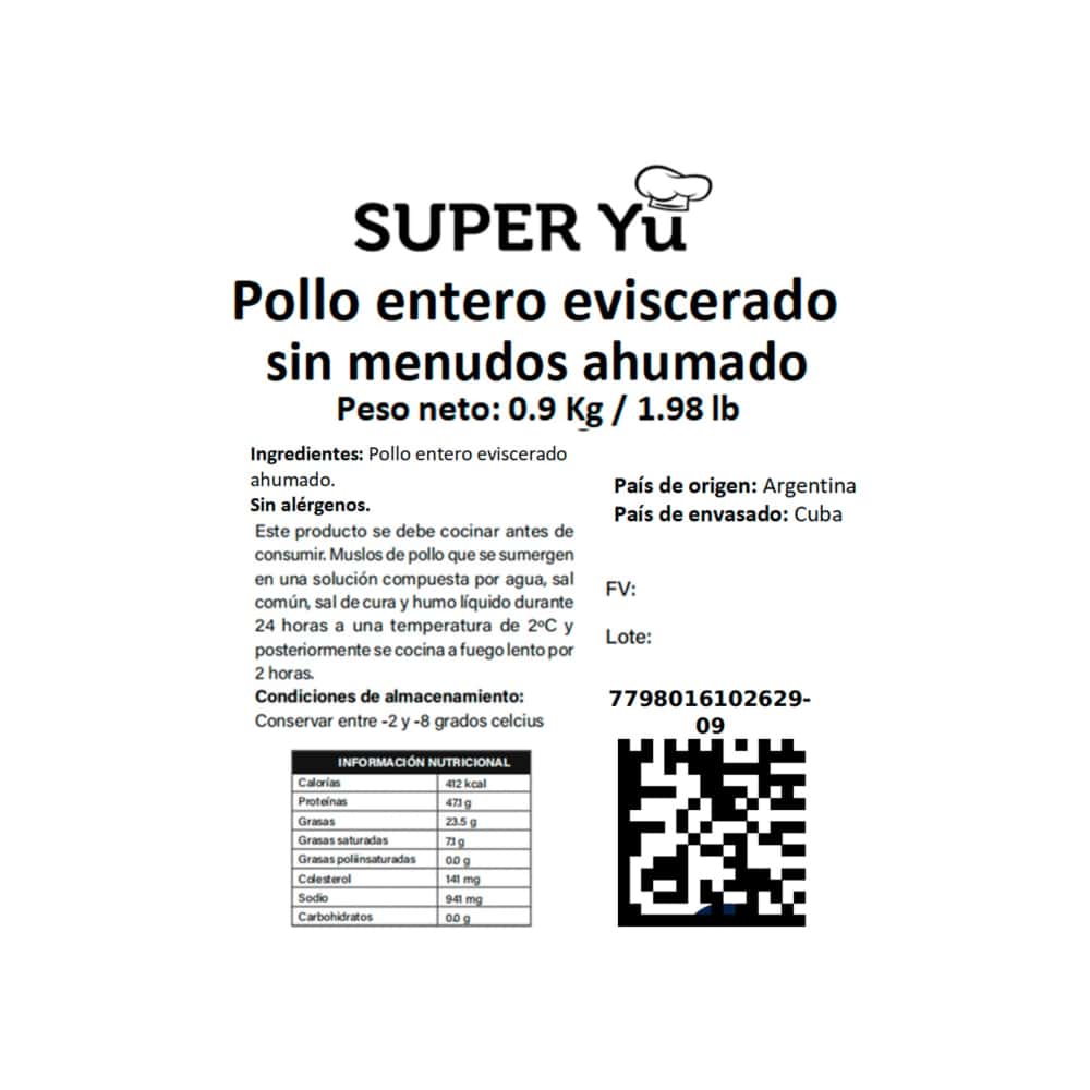 Pollo entero eviscerado sin menudos ahumados Super YU (900 g / 1.98 lb) - Miniatura 4