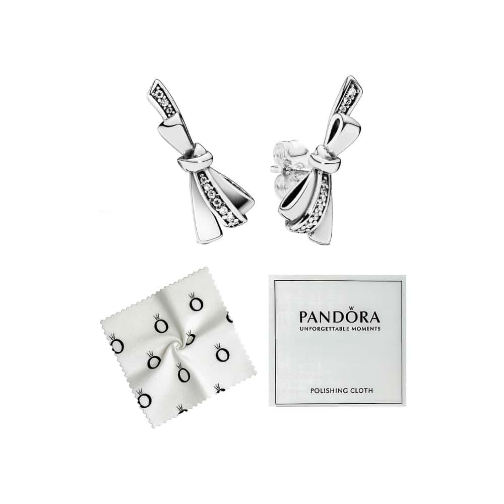 Pendientes de plata S925 estilo Pandora lazo brillante solitario - Miniatura 2