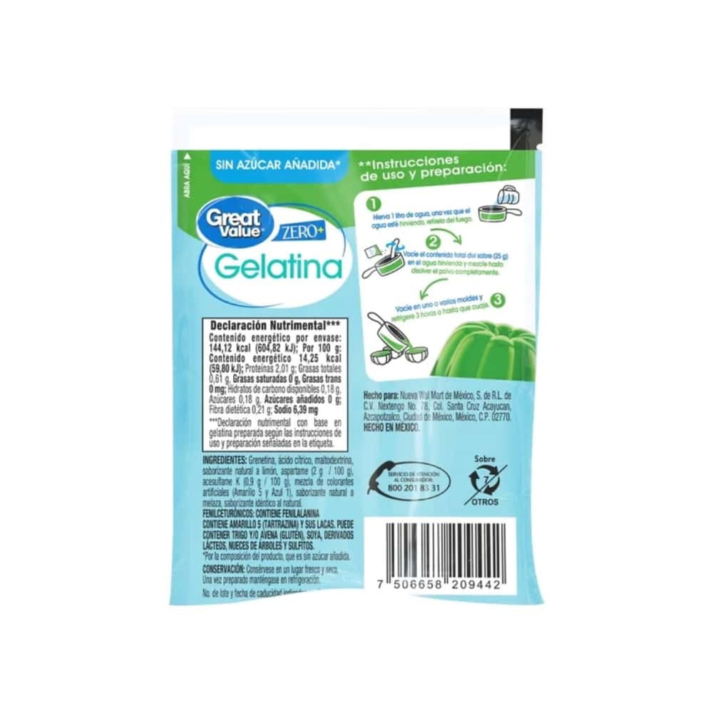 Gelatina sabor limón sin azúcar Great Value (25 g) - Miniatura 2
