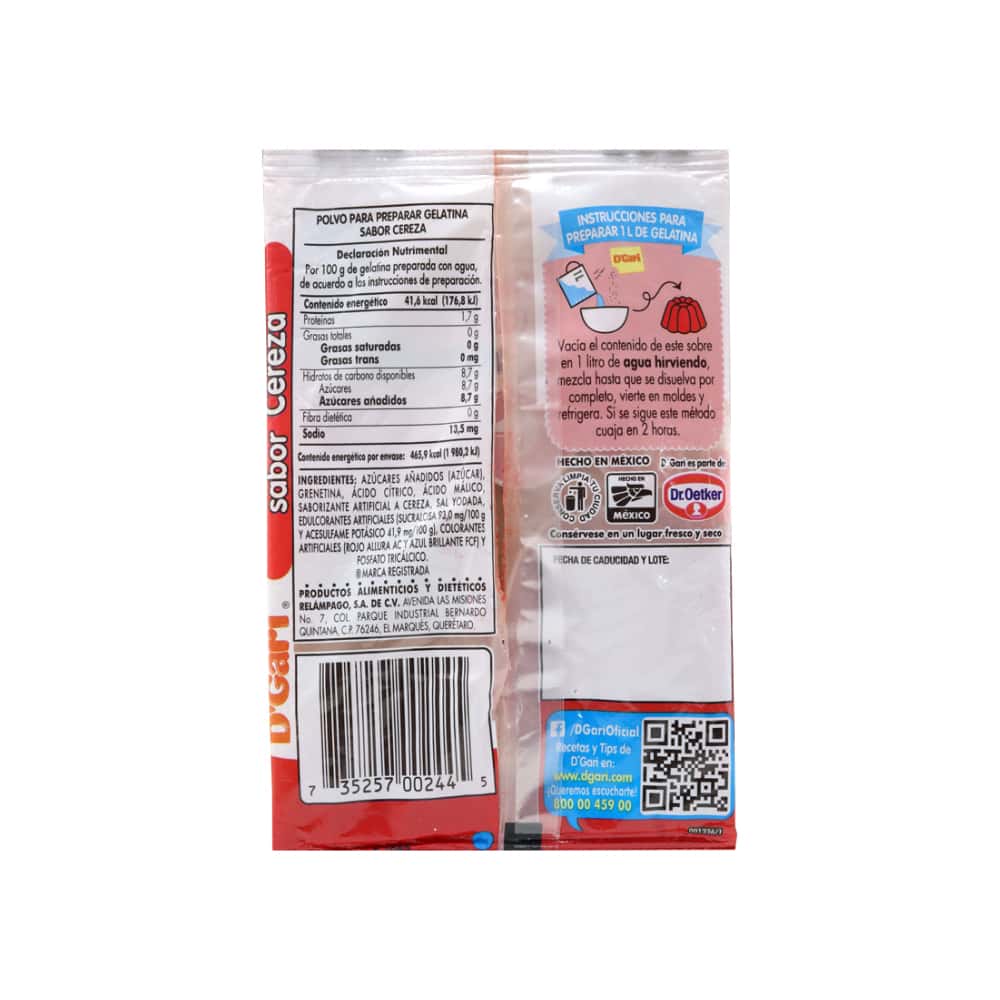 Polvo para prepara gelatina con agua - sabor cereza D'Gari (120 g / 4.23 oz) - Miniatura 4
