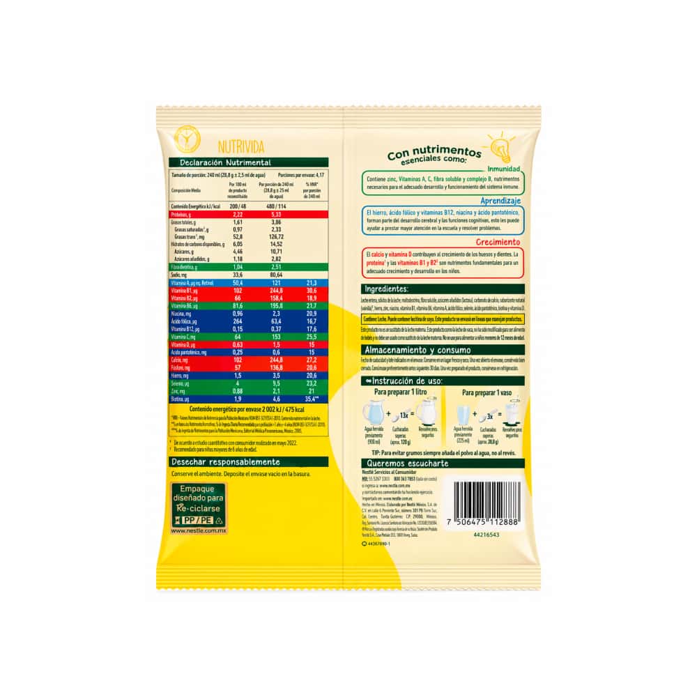 Leche en polvo parcialmente descremada acondicionada con fibra, minerales y vitaminas Nestlé (120 g / 4.23 oz) - Miniatura 2