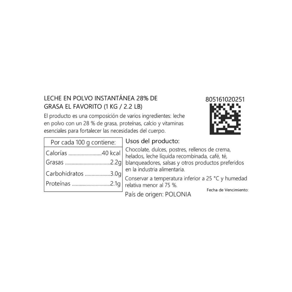 Leche en polvo instantánea 28% de grasa El Favorito (1 kg / 2.20 lb) - Miniatura 4
