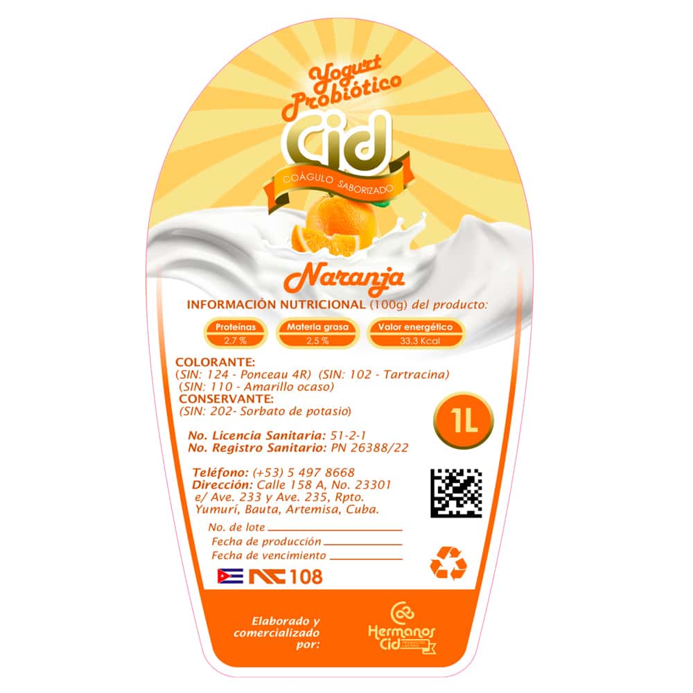 Yogurt probiótico de coágulo saborizado de naranja Cid (1 L) - Miniatura 3