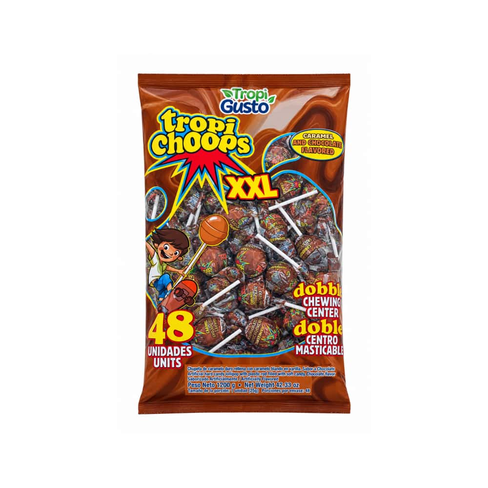 Paquete de chupa chupa XXL relleno con caramelo sabor a chocolate Tropi Gusto (1.2 kg / 2.64 lb) - Miniatura 1
