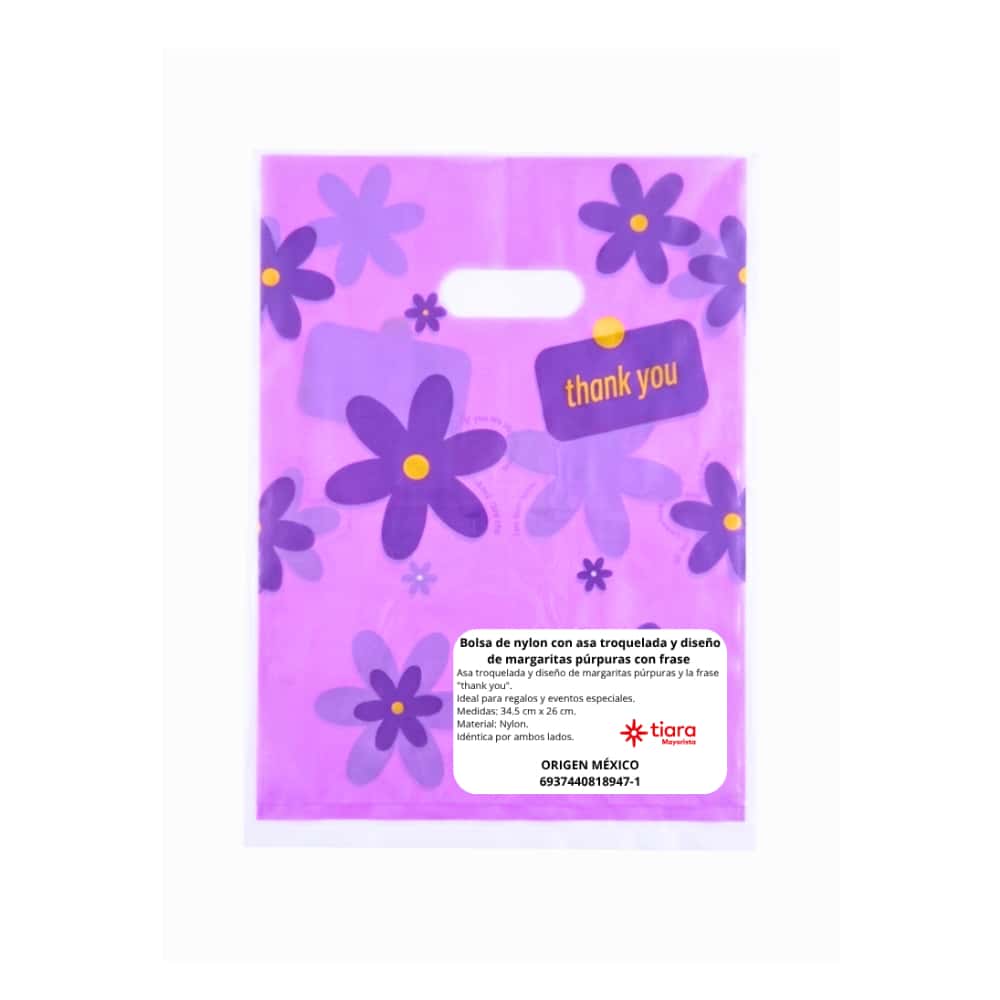 Bolsa de nylon con asa troquelada y diseño de margaritas púrpuras con frase Tiara - Miniatura 4