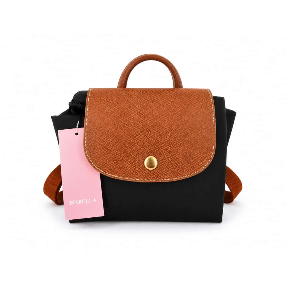 Mochila convertible de nailon negro con detalles en camel Isabella - Miniatura 1