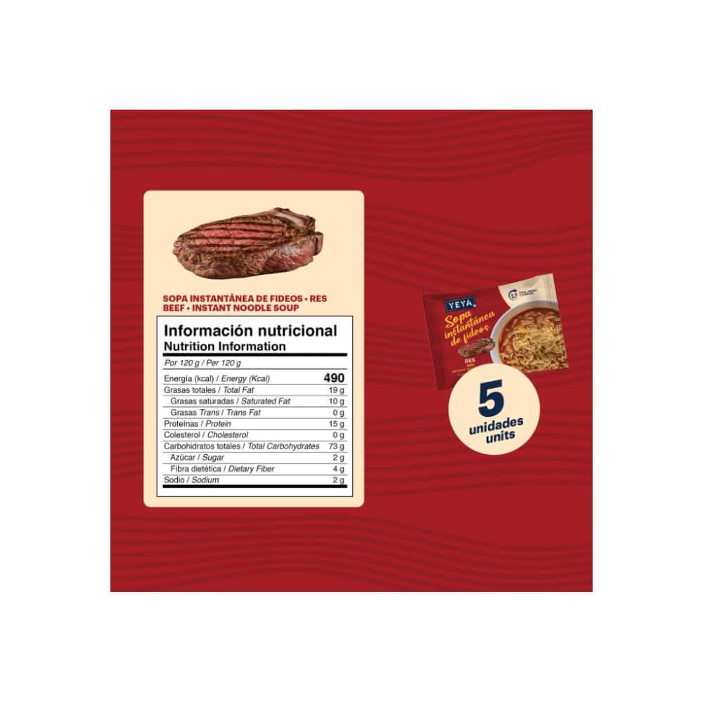 Sopa instantánea de fideos con sabor a res YEYA (5 x 75 g / 2.6 oz) - Miniatura 3