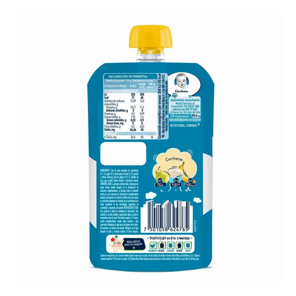 Comida papilla para bebés etapa 4 sabor pera, plátano y yogurt Gerber Junior (110 g / 3.88 oz) - Miniatura 2