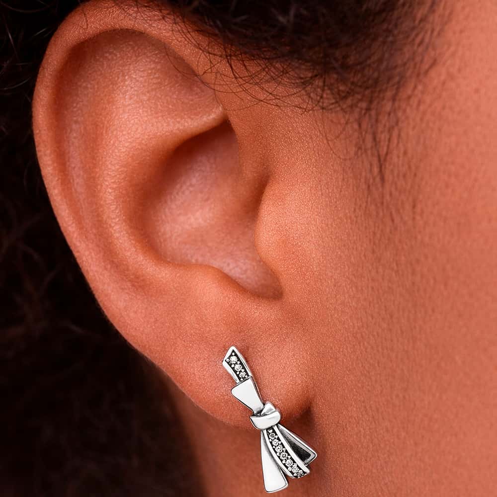 Pendientes de plata S925 estilo Pandora lazo brillante solitario - Miniatura 3