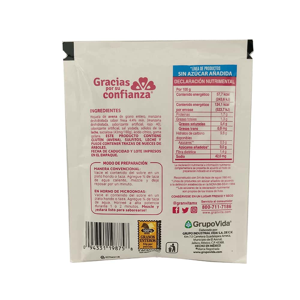 Avena integral instantánea sin azúcar sabor fresa con crema Granvita (35 g / 1.23 oz) - Miniatura 3