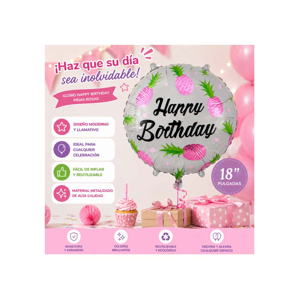 Globo redondo con diseño de piñas rosadas y cartel de Happy Birthday 18 pulgadas Ballon - Miniatura 3