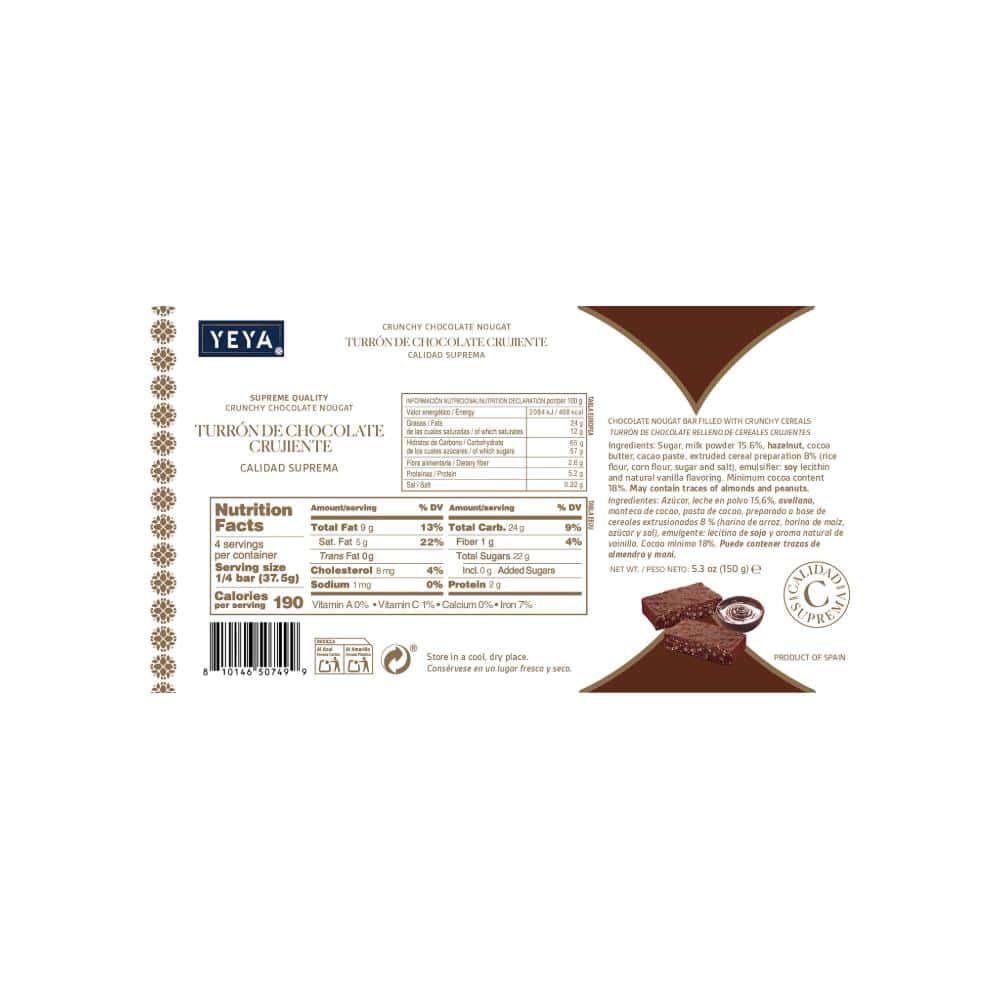Turrón de chocolate crujiente Calidad suprema YEYA (150 g / 5.3 oz) - Miniatura 4