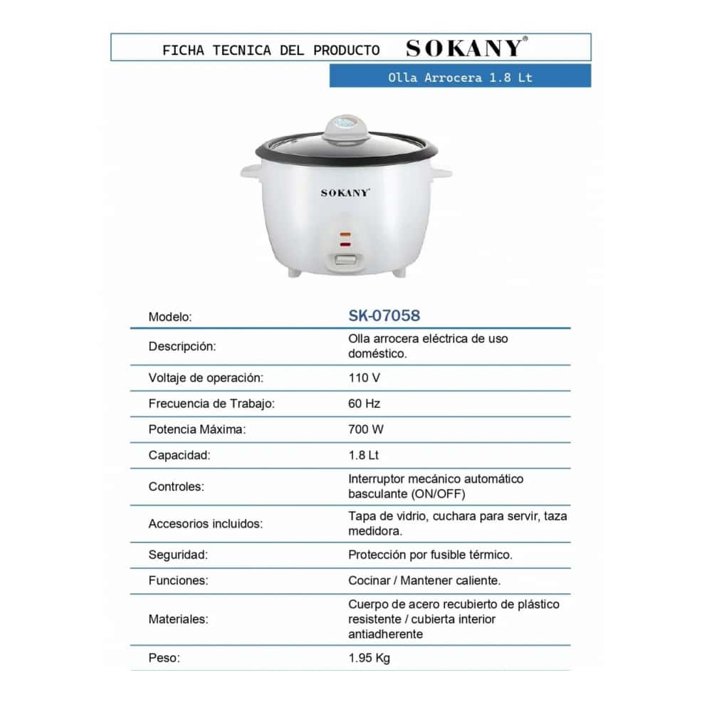 Olla arrocera eléctrica convencional 1.8 L Sokany SK- 07058 - Miniatura 3