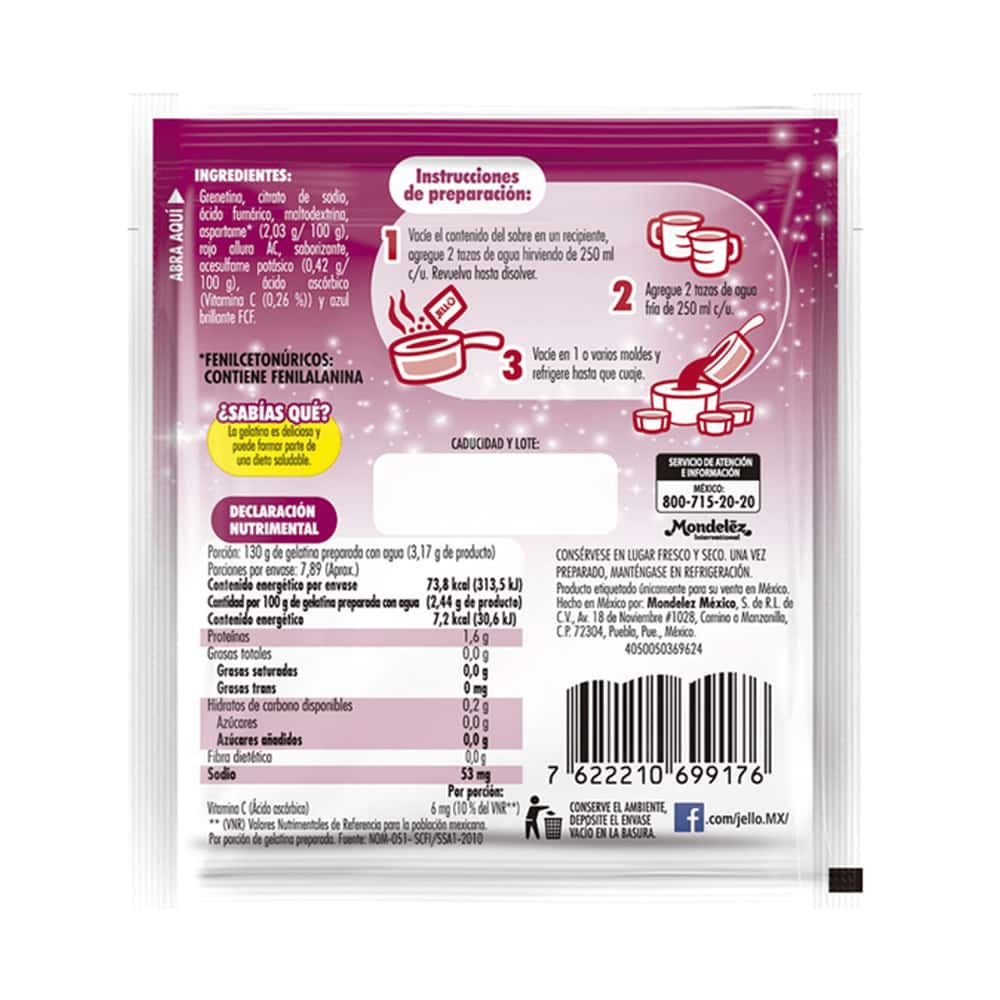Gelatina sin azúcar fortificada con vitamina C sabor cereza Jell-O (25 g) - Miniatura 2