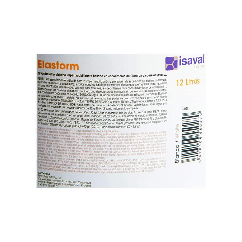 Pintura elástica impermeabilizante color blanco elastorm Blancolor Isaval (12 L) - Miniatura 4