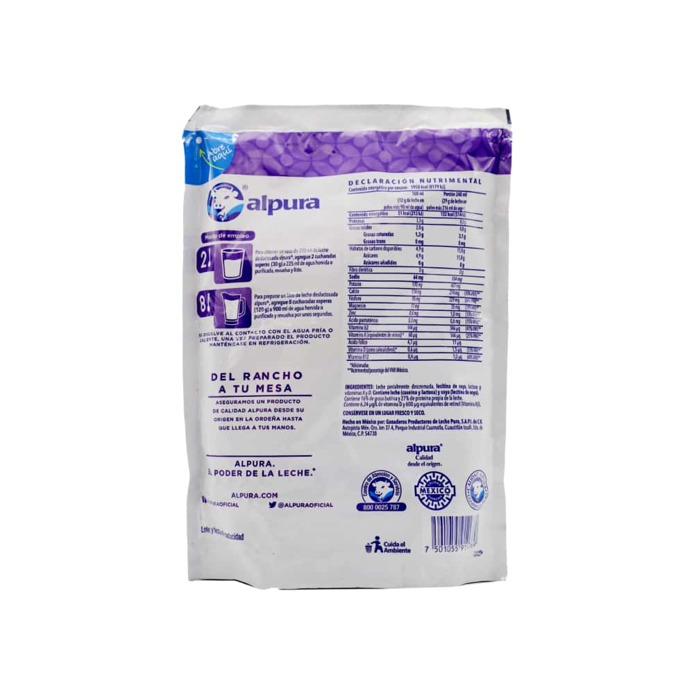 Leche en polvo parcialmente descremada, sin lactosa, adicionada con Vitamina A y D Alpura (460 g / 1.01 lb) - Miniatura 3