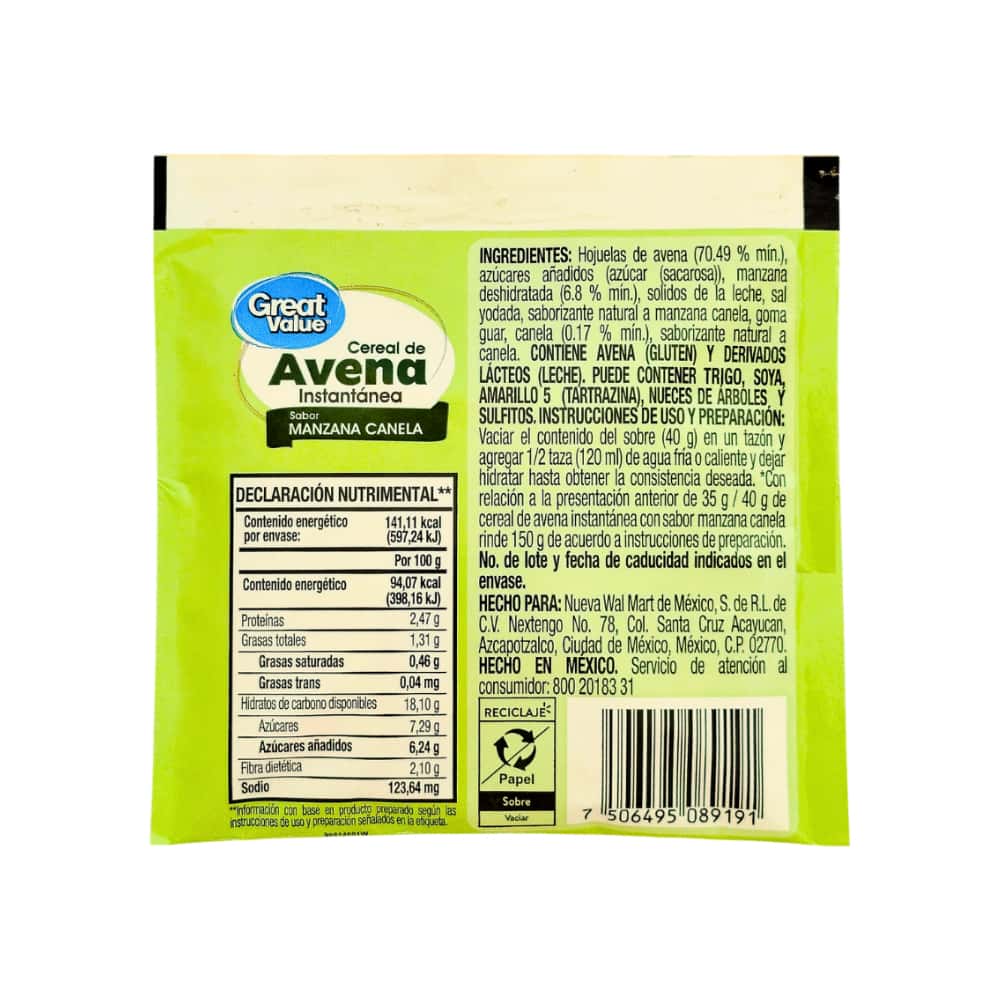Cereal de avena instantánea sabor a manzana y canela Great Value (40 g / 1.4 oz) - Miniatura 2