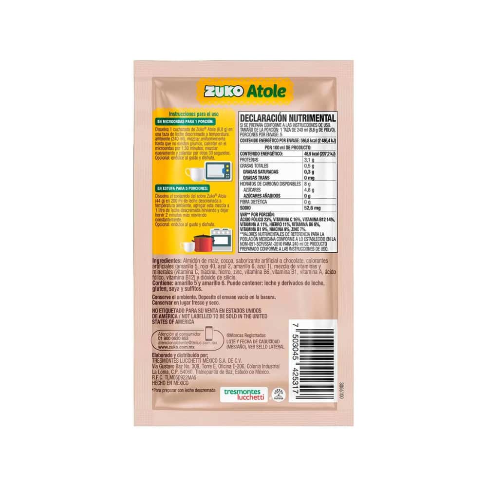 Polvo para preparar atole sabor chocolate, fortificado con vitaminas y minerales Zuko (44 g / 1.55 oz) - Miniatura 4