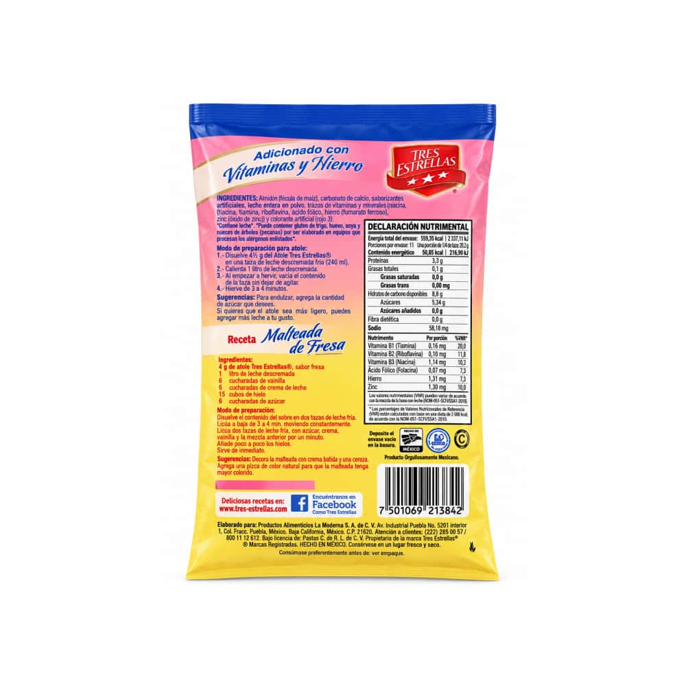 Fécula de maíz para preparar atole sabor fresa Tres Estrellas (47 g / 1.7 oz) - Miniatura 2