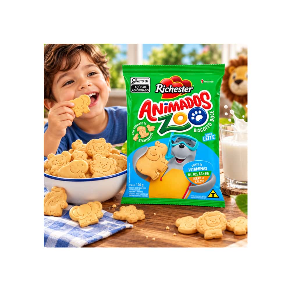 Galletas dulces con sabor a leche fortificadas con vitaminas y minerales Richester Animados Zoo (100 g / 3.52 oz) - Miniatura 4