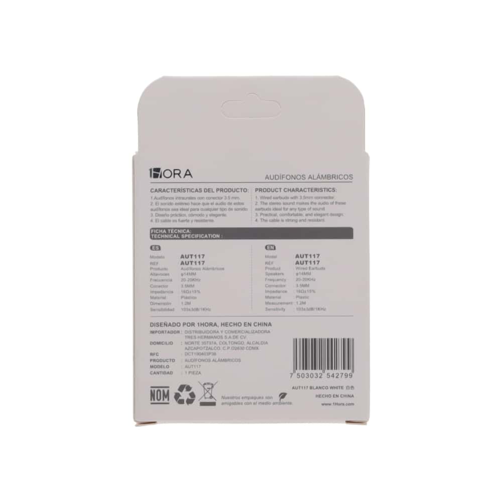 Audífonos alámbricos cable 3.5mm 1Hora AUT117 - Miniatura 2
