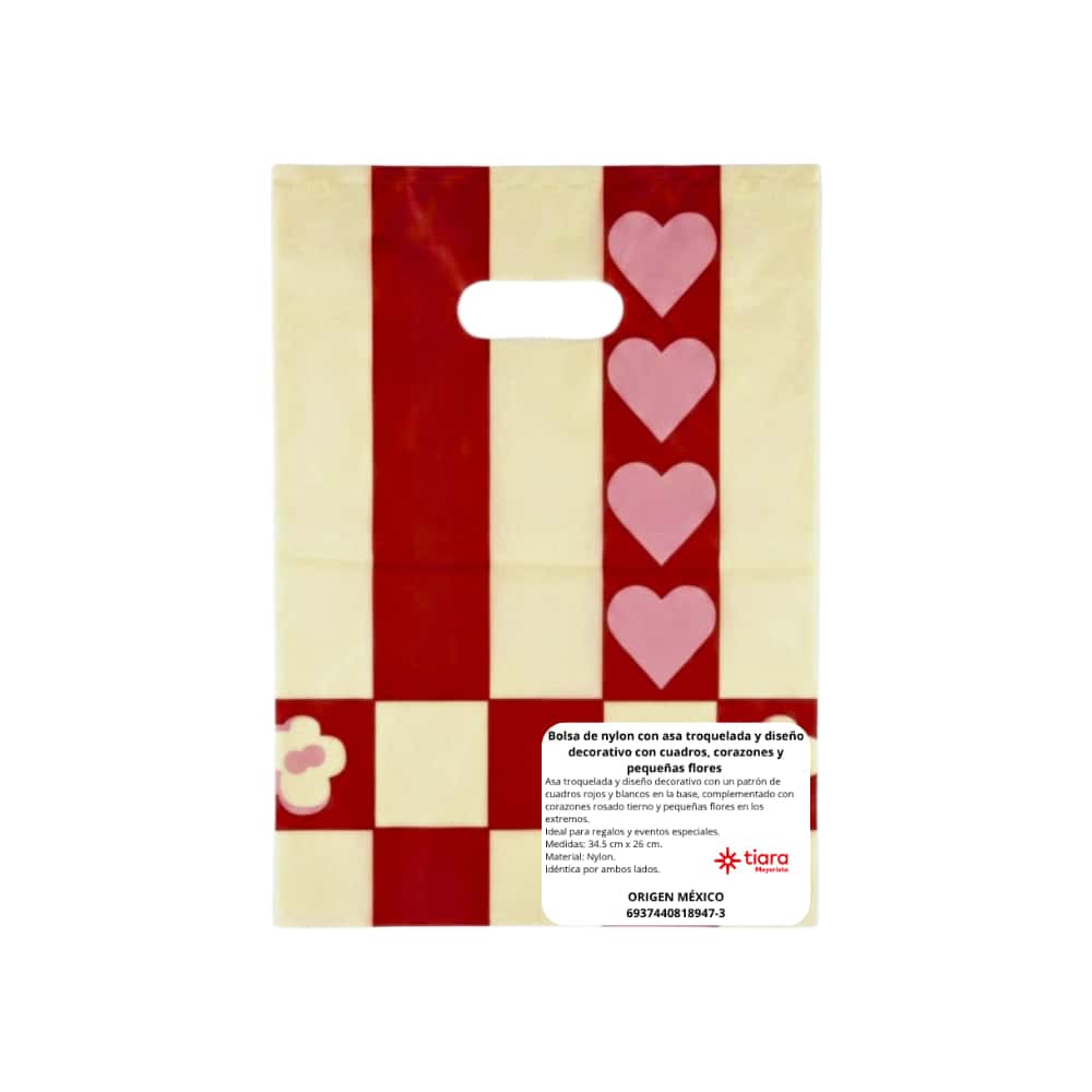 Bolsa de nylon con asa troquelada y diseño decorativo con cuadros, corazones y pequeñas flores Tiara - Miniatura 4