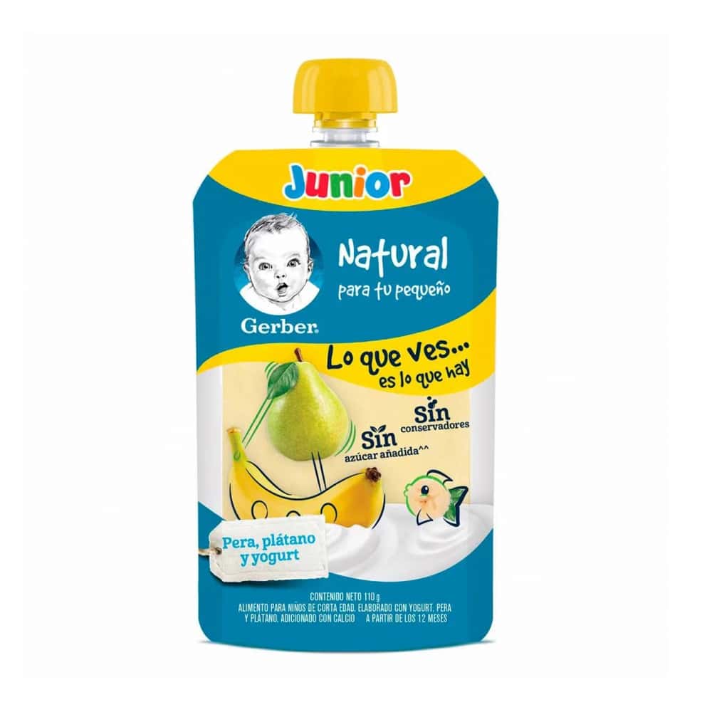 Comida papilla para bebés etapa 4 sabor pera, plátano y yogurt Gerber Junior (110 g / 3.88 oz) - Miniatura 1