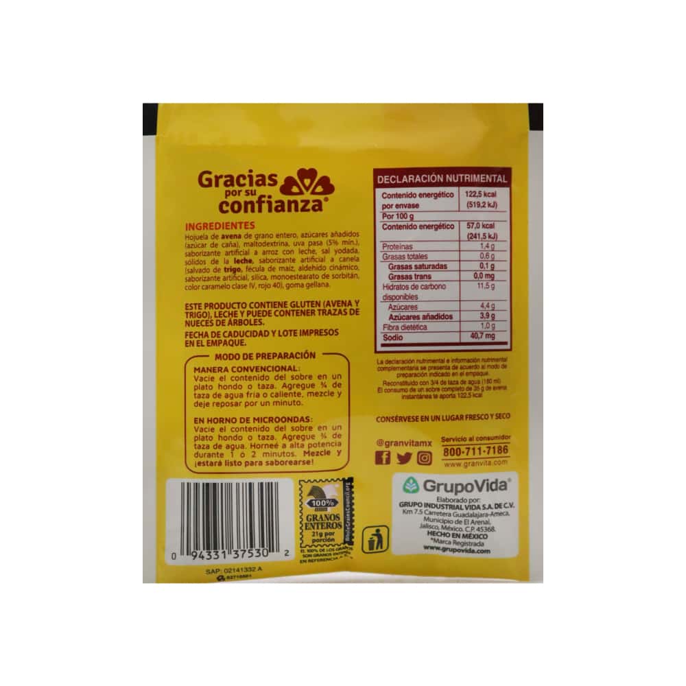 Cereal de avena integral instantáneo con pasas sabor arroz con leche Granvita (35 g / 1.23 oz) - Miniatura 3
