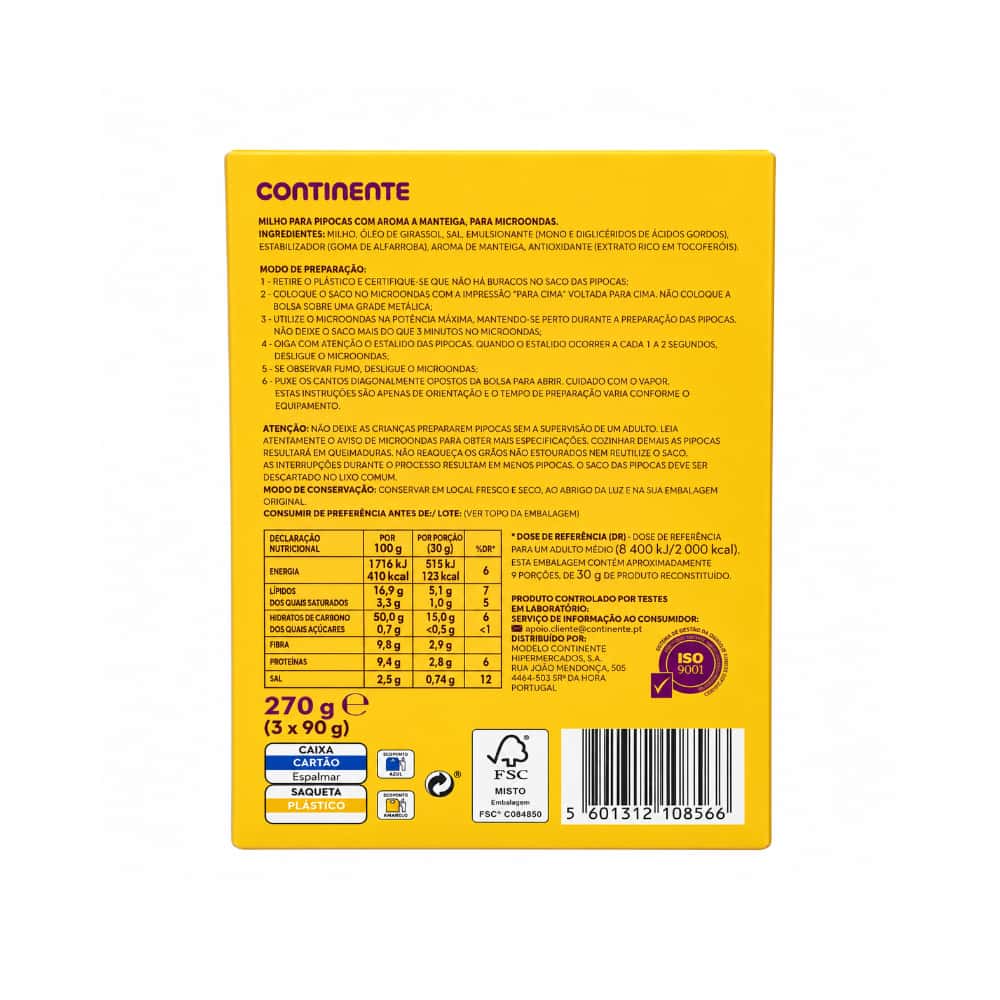 Palomitas de maíz con mantequilla para microondas Continente (3 x 90 g / 3.17 oz) - Miniatura 2