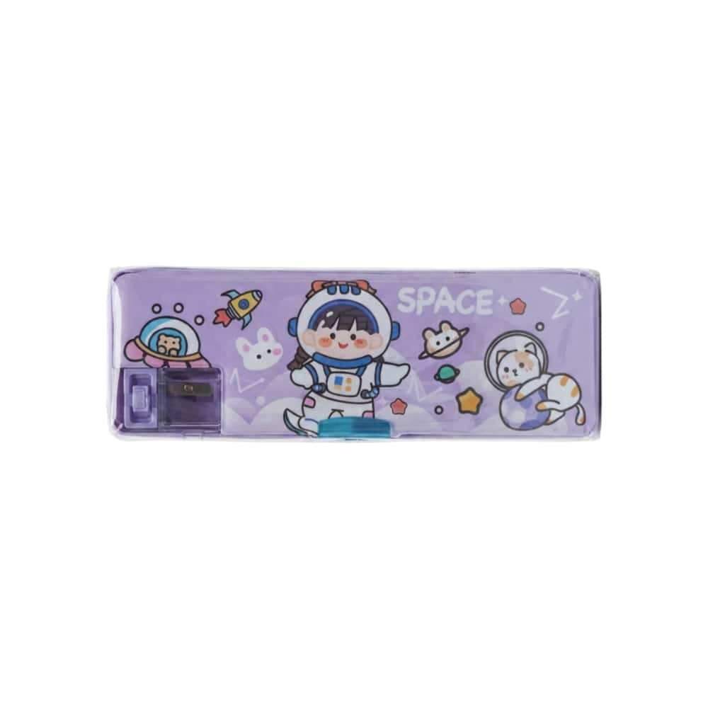 Estuche escolar para lápices de plástico con sacapuntas morado con diseño del espacio Gutza - Miniatura 1