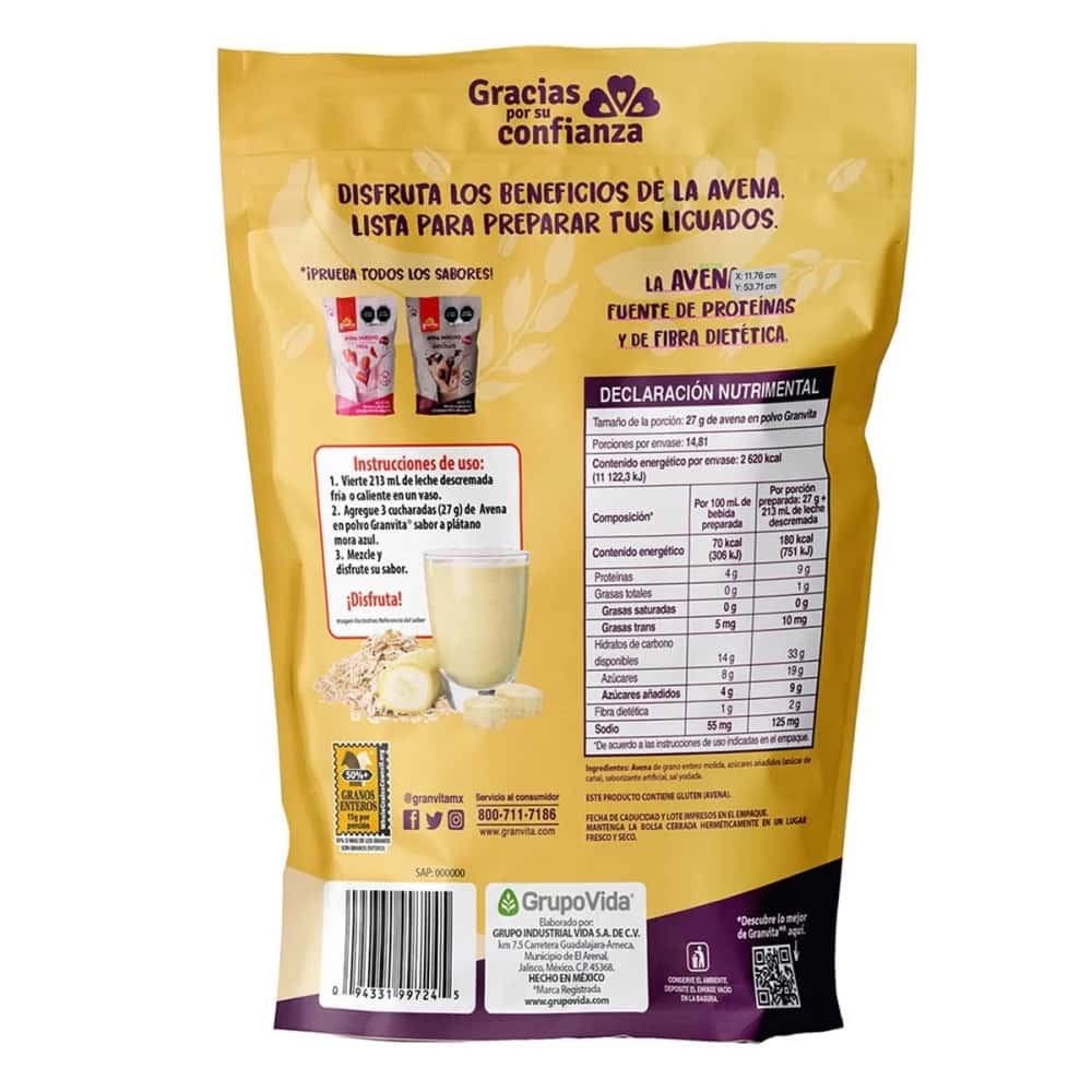 Avena en polvo sabor plátano y mora azul Granvita (400 g / 14.11 oz) - Miniatura 5