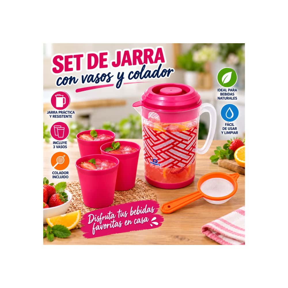 Juego rosado de jarra plástica con tapa, vasos y colador CasaBlaca - Miniatura 5