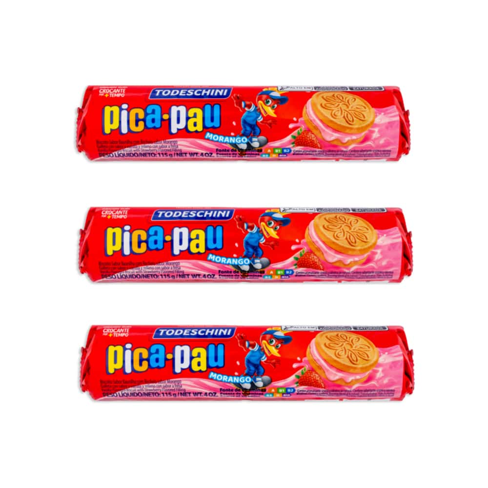 Galletas de vainilla con relleno sabor a fresa Pica Pau Todeschini (3 x 115 g / 4 oz) - Miniatura 1