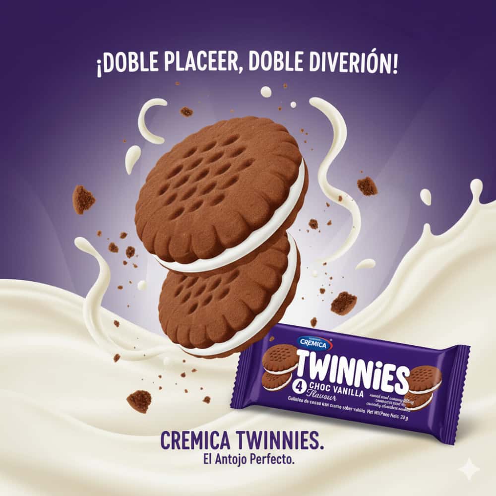 Galletas de chocolate con crema sabor a vainilla Twinnies Mrs Bector's Cremica (12 x 23 g / 0.81 oz) - Miniatura 4