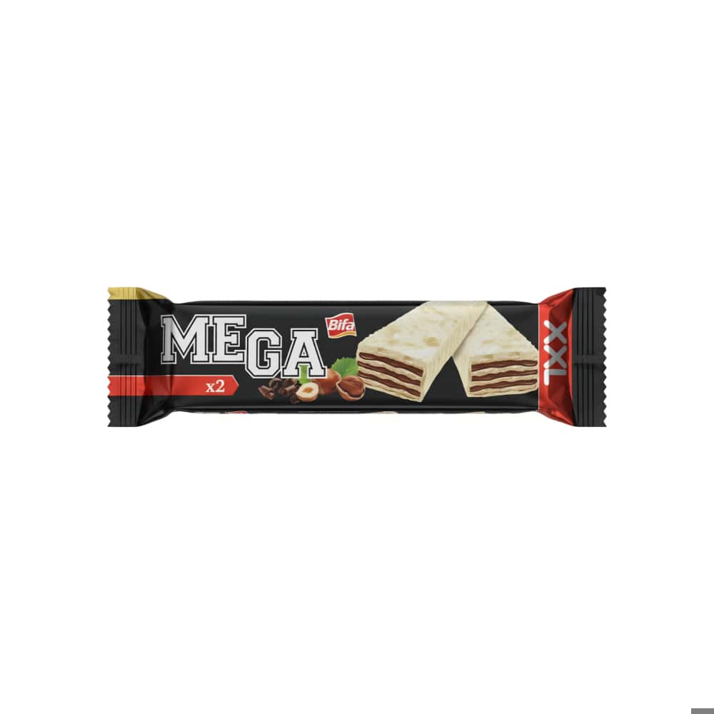 Wafer rellena de crema de cacao con avellana y cubierta de chocolate blanco Mega Bifa (100 g / 3.52 oz) - Miniatura 1