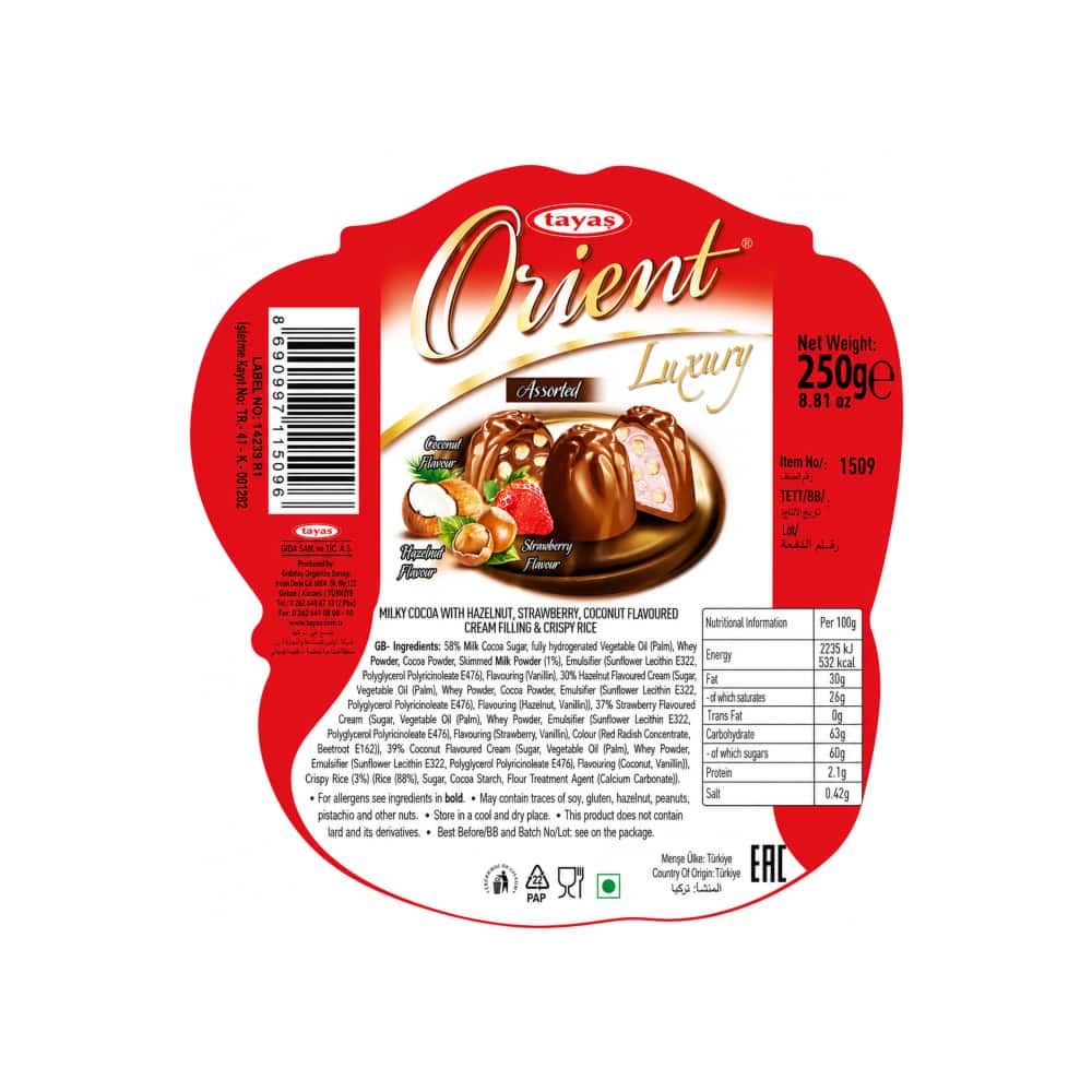 Bombones de cacao con leche con sabor a avellana, fresa y coco rellenos de crema y arroz crujiente Tayas Orient (250 g / 8.82 oz) - Miniatura 3