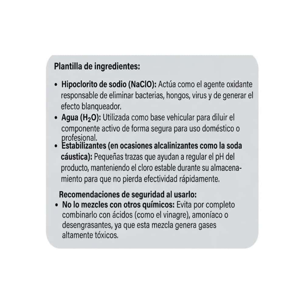 Cloro con hipoclorito de sodio concentrado al 5% de claro activo Lavane (2 L) - Miniatura 3