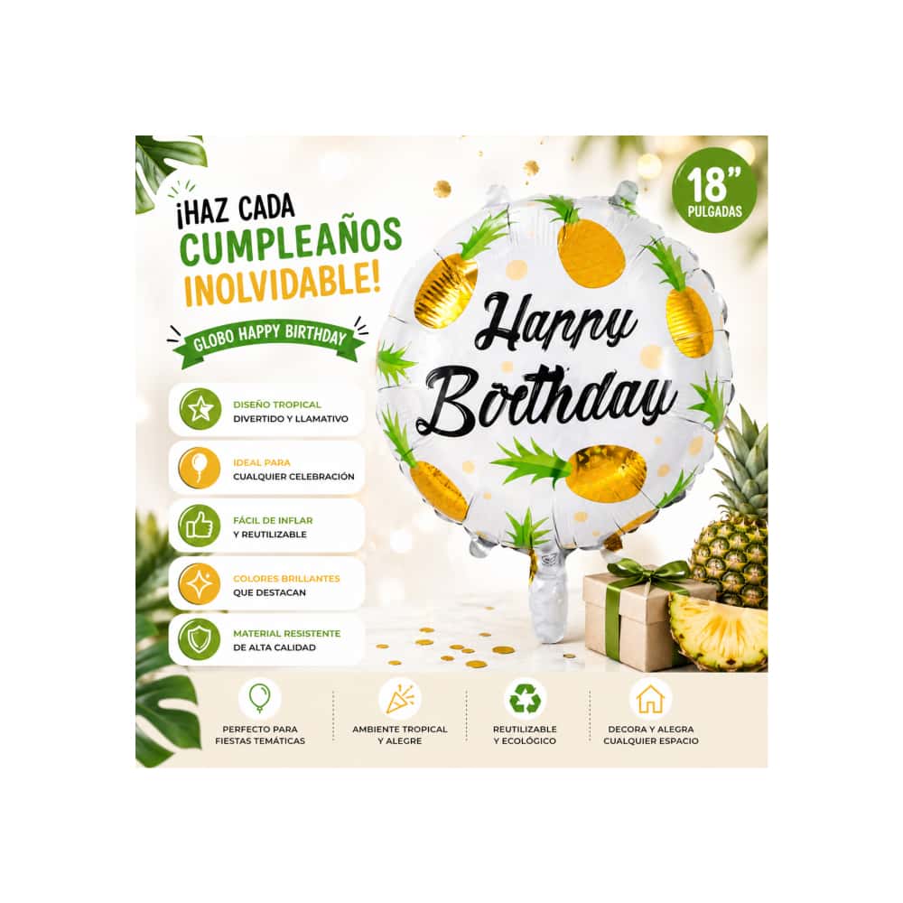 Globo con cartel de Happy Birthday y diseño con piñas amarillas 18 pulgadas Ballon - Miniatura 4