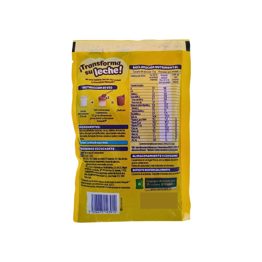 Alimento en polvo para preparar bebida fortificada sabor chocolate Nesquik Nestlé (52 g / 1.83 oz) - Miniatura 2