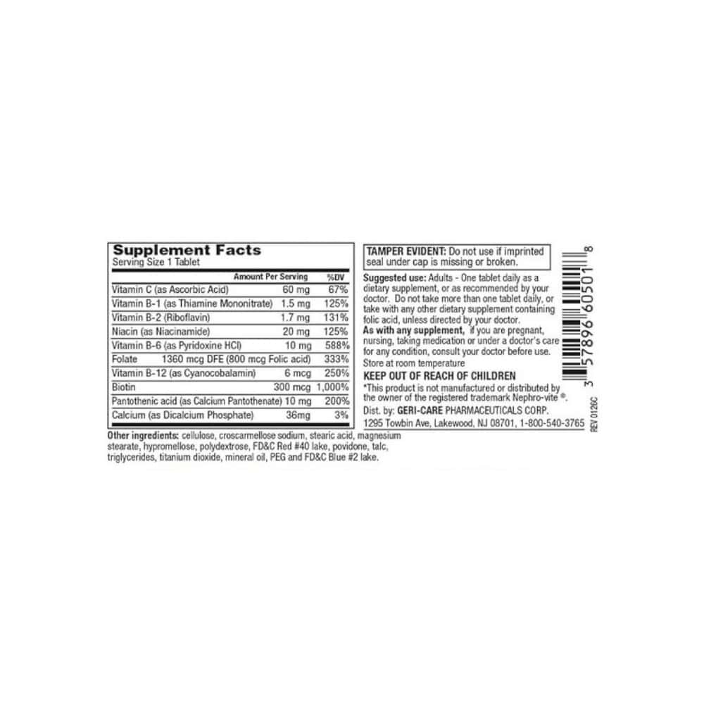 Nephro Vitamins Suplemento vitamínico con vitamina C y complejo B. Geri-Care. (100 tabletas) - Miniatura 2
