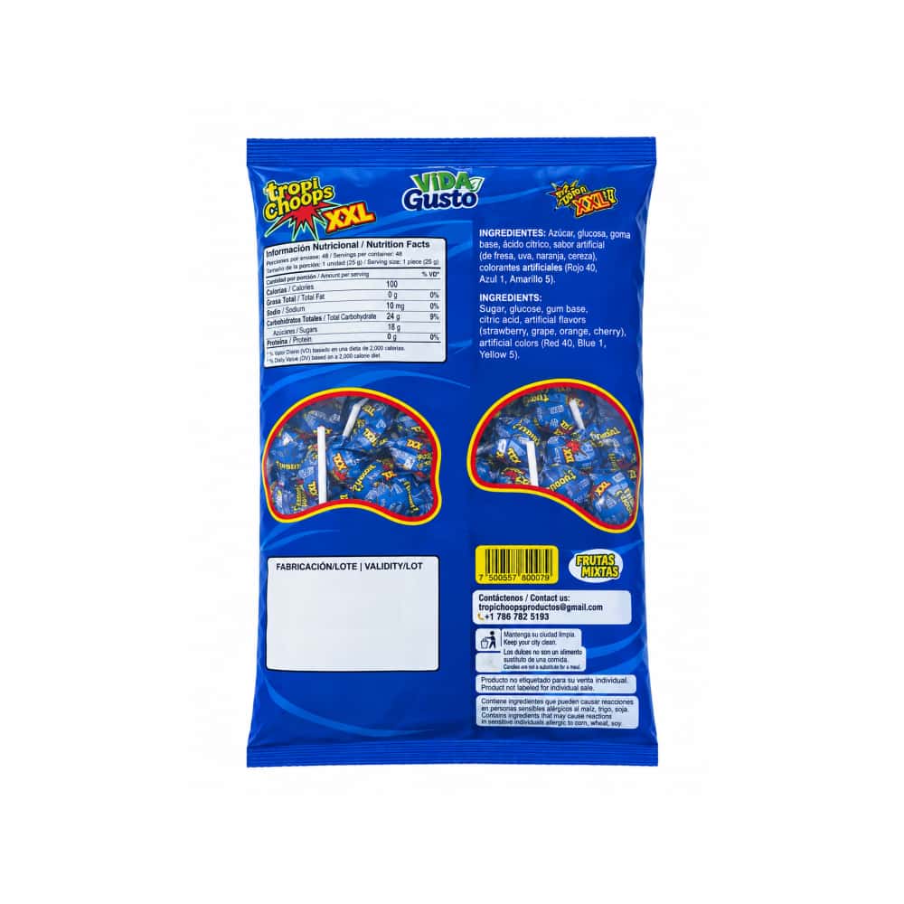 Paquete de chupa chupa XXL relleno de chicle sabor frutas mixtas Tropi Gusto (1.2 kg / 2.64 lb) - Miniatura 2