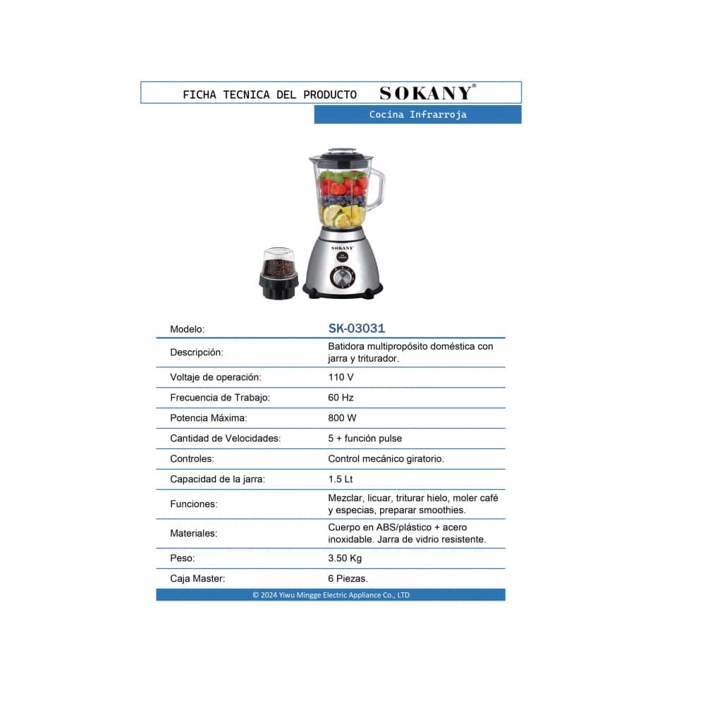 Batidora multipropósito 1.5 L Sokany SK-03031 - Miniatura 3