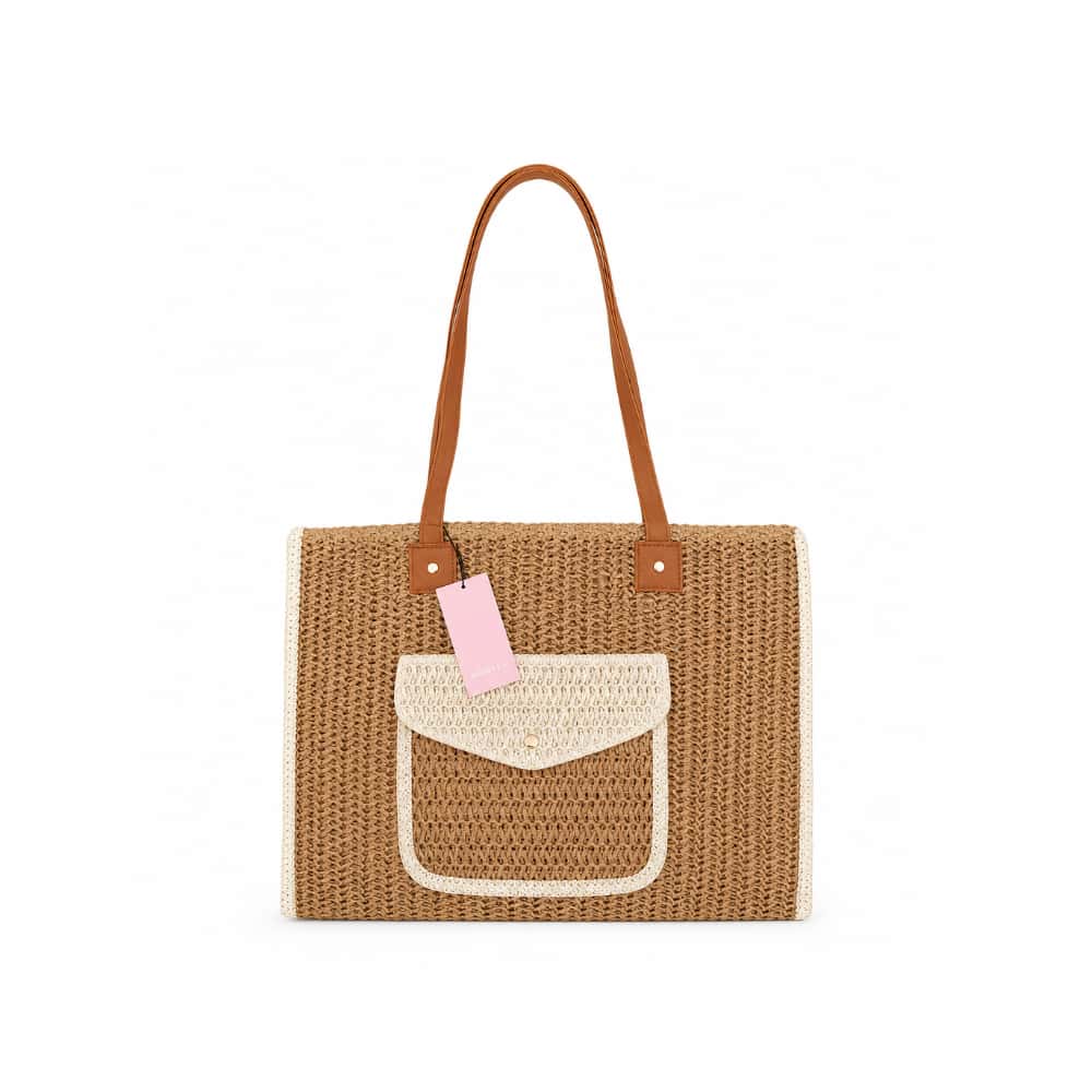 Bolso tote de playa tejido en color camel con bolsillo frontal y asas de piel ISABELLA (1 U) - Miniatura 2