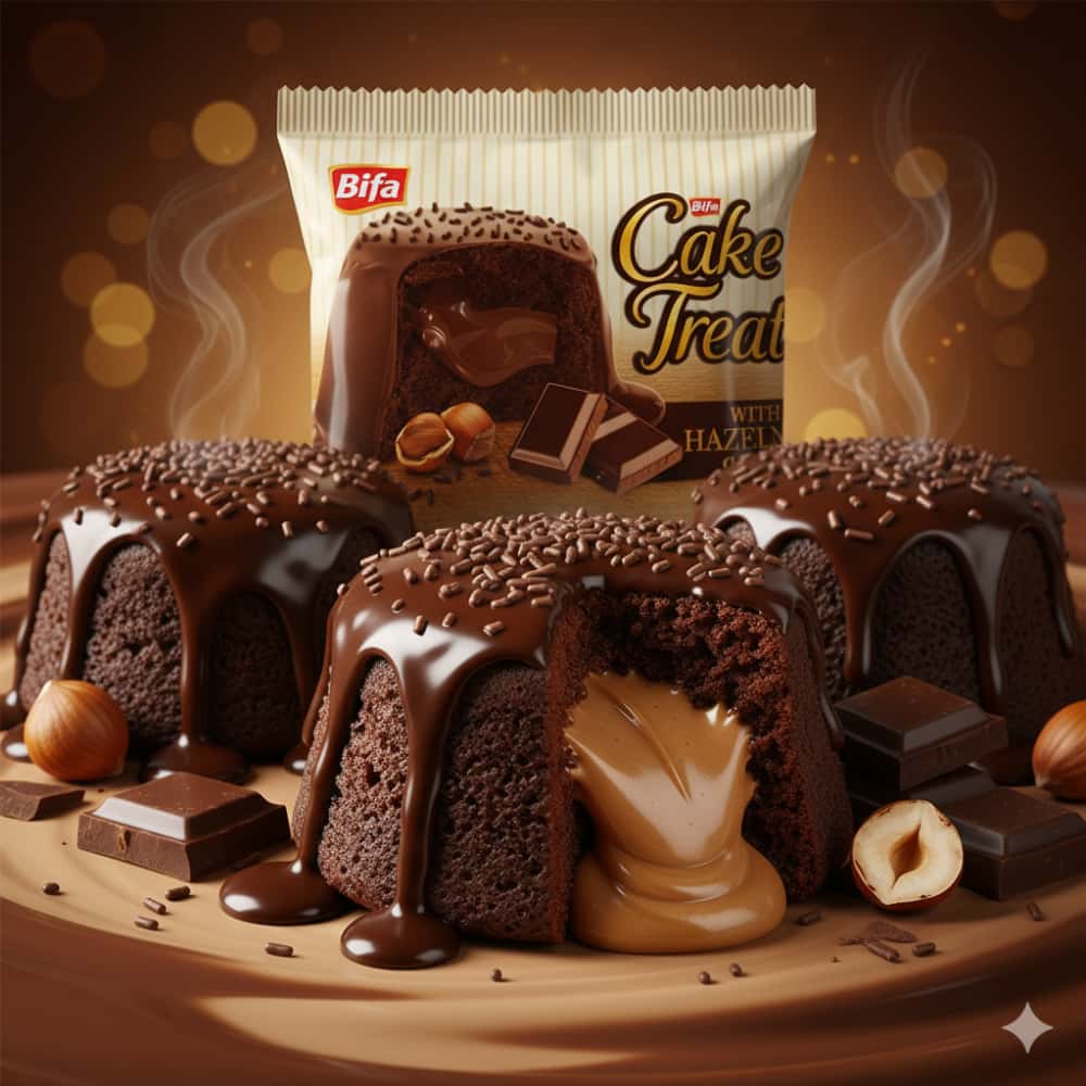 Pastel de chocolate con leche relleno de crema de avellanas y cobertura de gránulos de cacao Cake Treats Bifa (50 g / 1.76 oz) - Miniatura 4
