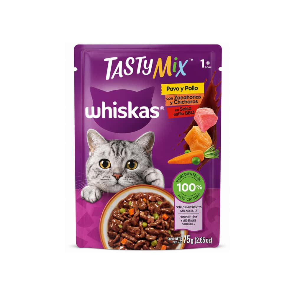 Comida para gatos adultos pavo y pollo con zanahoria y chícharos en salsa BBQ Whiskas (75 g / 2.65 oz) - Miniatura 1
